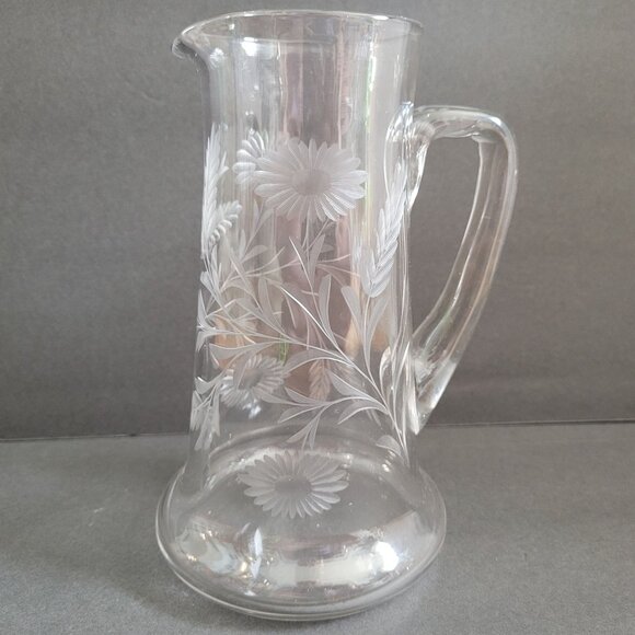 Vintage Clear Etched Glass Pitcher With Floral Design & Handle 9" - Picture 5 of 16
